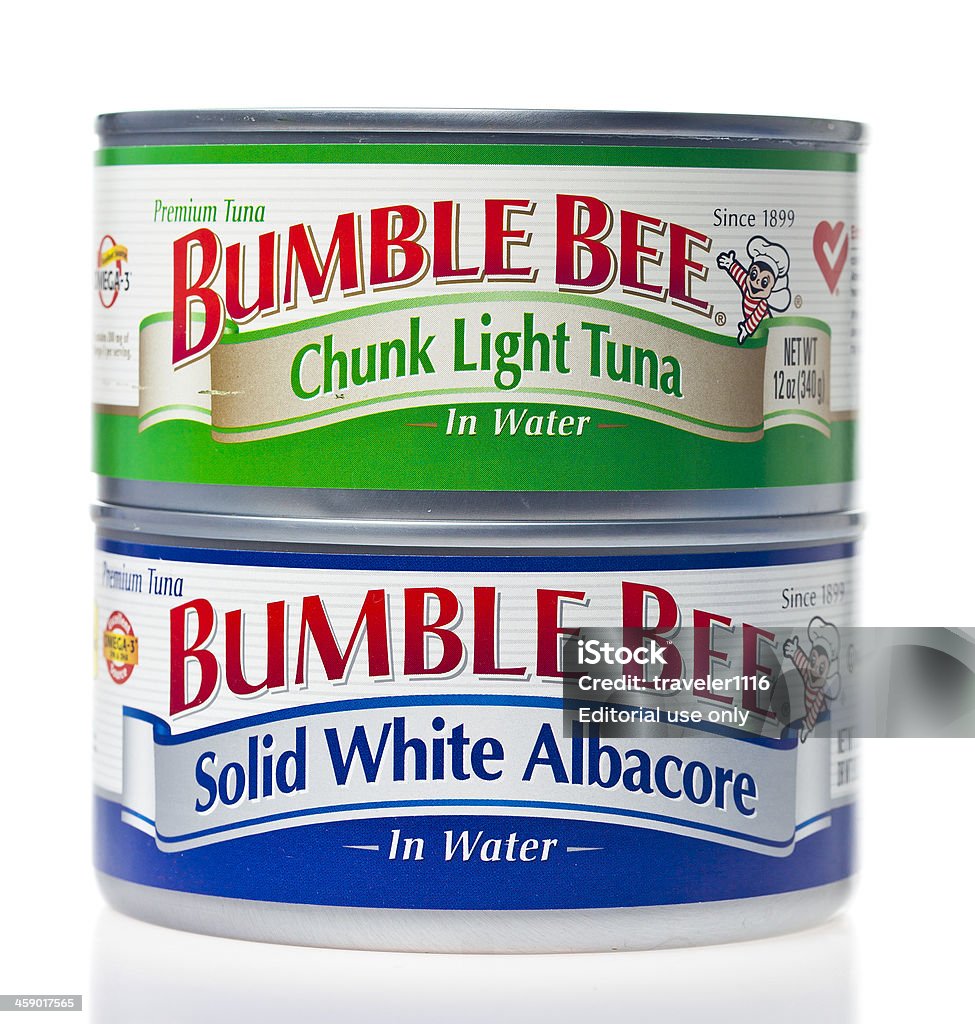 Bumble Bee Tuna Cans "Richmond, Virginia, USA - February 5th, 2013:  Two Cans Of Bumble Bee Brand Tuna On A White Background.  One Can Of Chunk Light Tuna And One Can Of Solid White Albacore." Block Shape Stock Photo