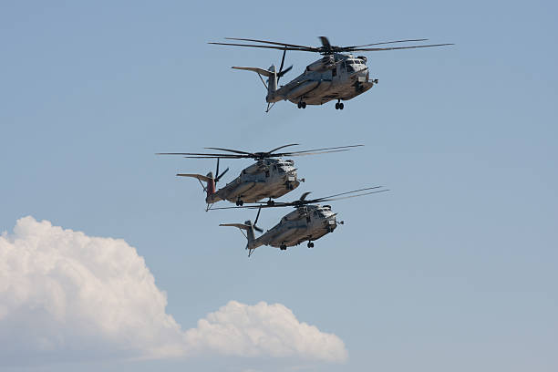 CH53-E Super Stallions "San Diego, United States- September 30, 2011: This image shows 3 CH-53E Super Stallion helicopters in flight during the Marine Corps Air Station Miramar Airshow. 2011 marks 100 years of naval aviation." miramar air show stock pictures, royalty-free photos & images