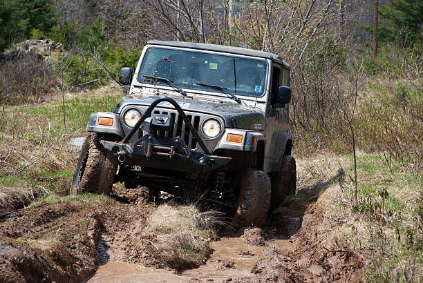 Jeep Off-Road on Muddy Trail "Springhill, Nova Scotia, Canada - May 11, 2009: A Jeep Wrangler 4x4 off-roading on a rutted, muddy trail." creighton stock pictures, royalty-free photos & images