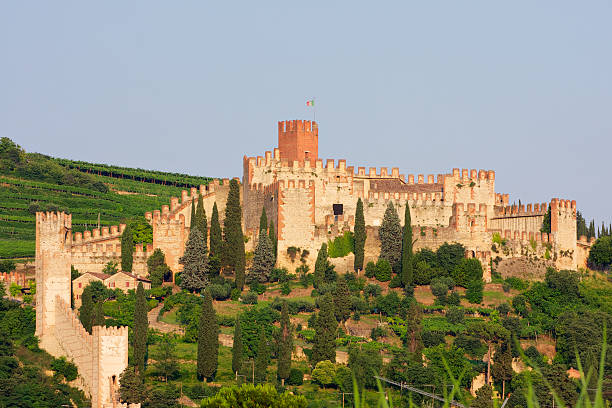 soave castelo ao pôr do sol, perto de verona (itália) - soave - fotografias e filmes do acervo