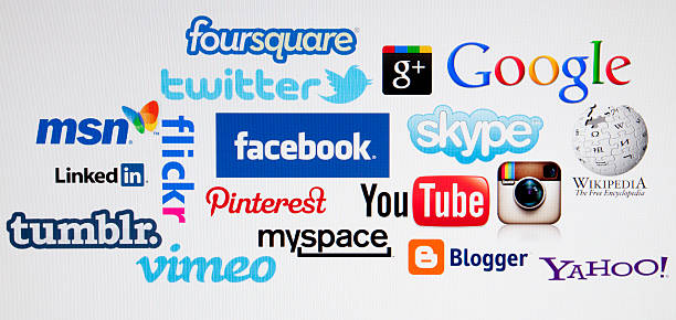 Social Media "Antalya, Turkey - February 15, 2013: World Brand Logotypes on screen.  Same names include Foursquare, Google, Google+, Flickr, Twitter, Pinterest, Skype, Youtube, Instagram, Myspace, Facebook, Blogger, Vimeo." wikipedia stock pictures, royalty-free photos & images