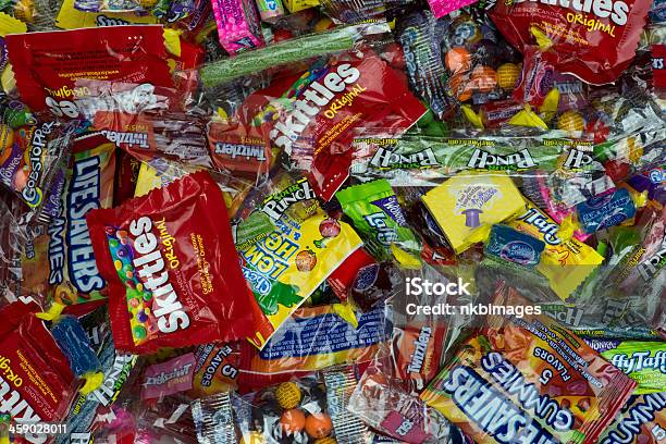 Looking Down At Large Pile Of Candy Stock Photo - Download Image Now - Skittles Candy, Fruit-Flavored Candy, Candy