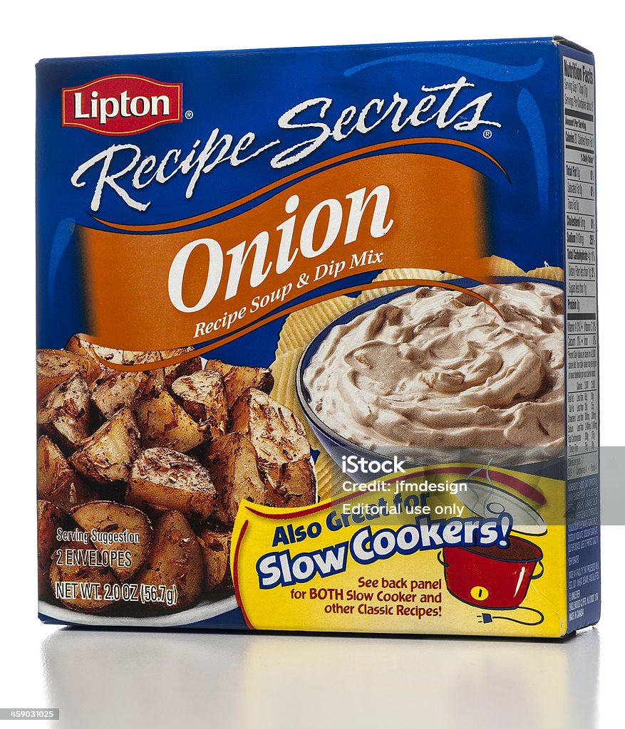 Lipton Recipe Secrets Onion Soup and Dip Mix box "Miami, USA - February 12, 2013: Lipton Recipe Secrets Onion Soup and Dip Mix 2 OZ box. Lipton brand is owned by UNILEVER." Mixing Stock Photo