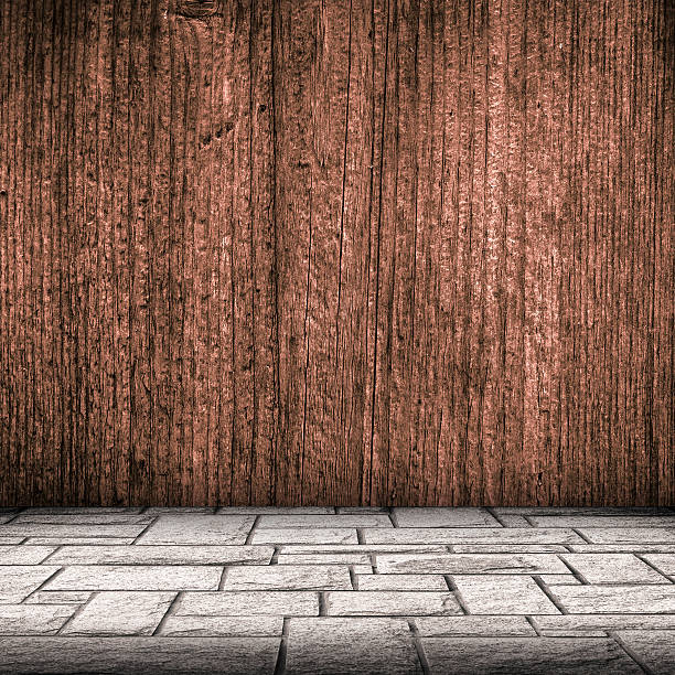 Wooden plate wall and brick floor interior background stock photo