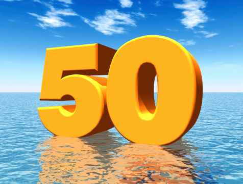Computer generated 3D illustration with the Number 50 in an ocean landscape