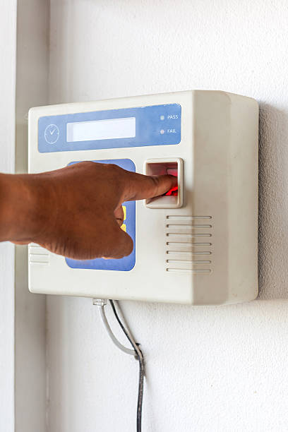 istock Hand put scan fingerprint and password lock in working time 459043437