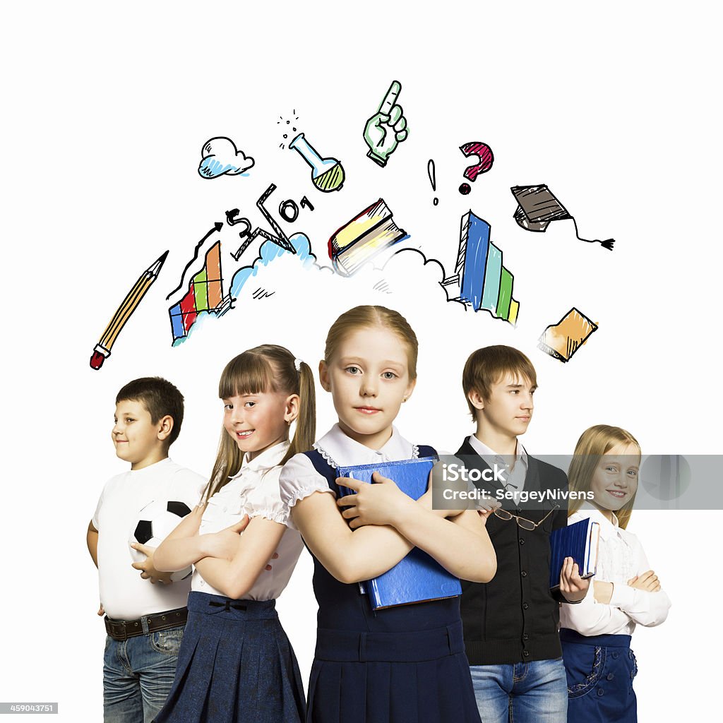 Five children contemplating a future profession Group of pupils holding items. Education and travel concept Adult Stock Photo