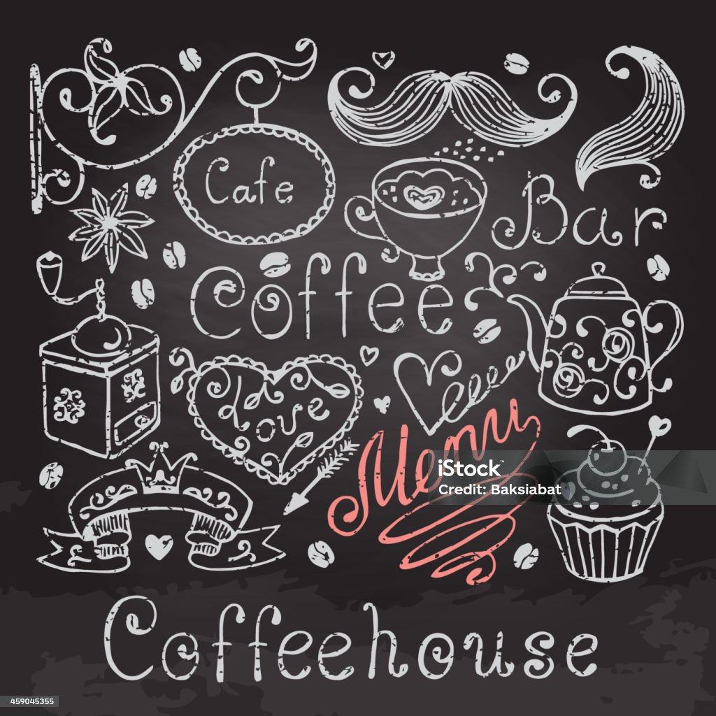 Hand written typography and elements for coffee shop Hand drawn elements for design menu. Vintage style. Stylized drawing with chalk on the blackboard. Vector illustration. Bar - Drink Establishment stock vector