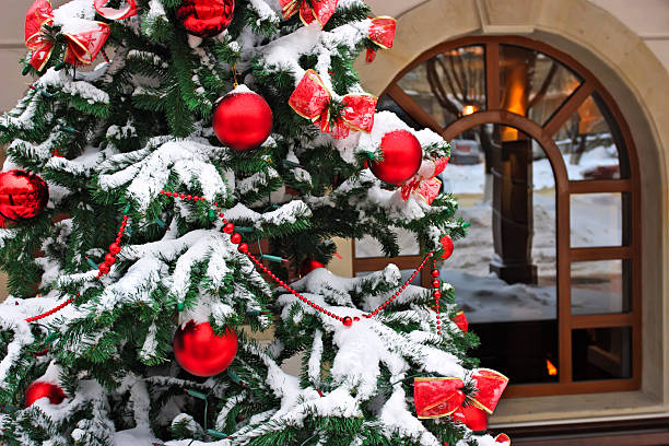 istock Christmas tree decorated in front of the house 459050567