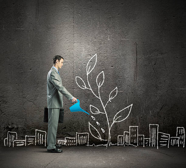 istock Businessman watering a chalk drawing for a growth concept 459056559