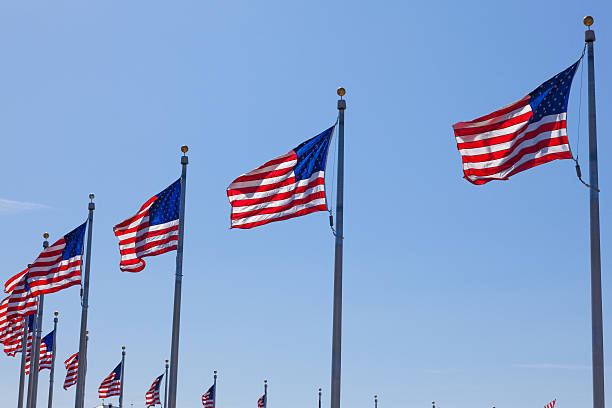 istock American flags - star and stripes floating over the sky 459058215
