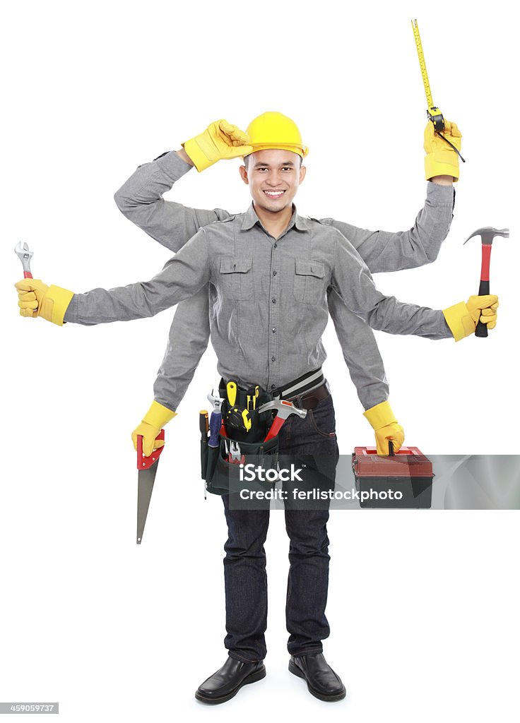 worker ready to work portrait of worker use tool belt and holding equipment with six hands ready to work Adult Stock Photo