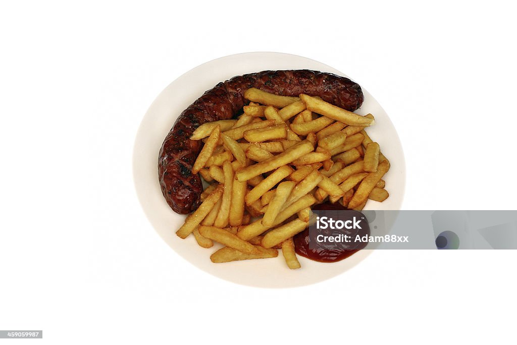 Fried fries with roasted sausage Fried potato chips with roasted sausage and ketchup American Culture Stock Photo