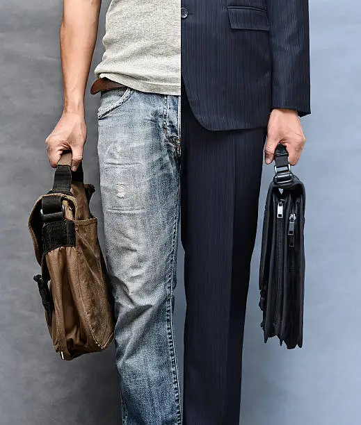 Casual and formal look (closeup upper, lower garment and case)