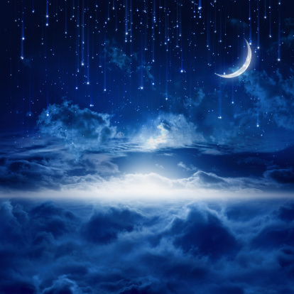Peaceful background, blue night sky with moon, falling stars, beautiful clouds, glowing horizon. Elements of this image furnished by NASA