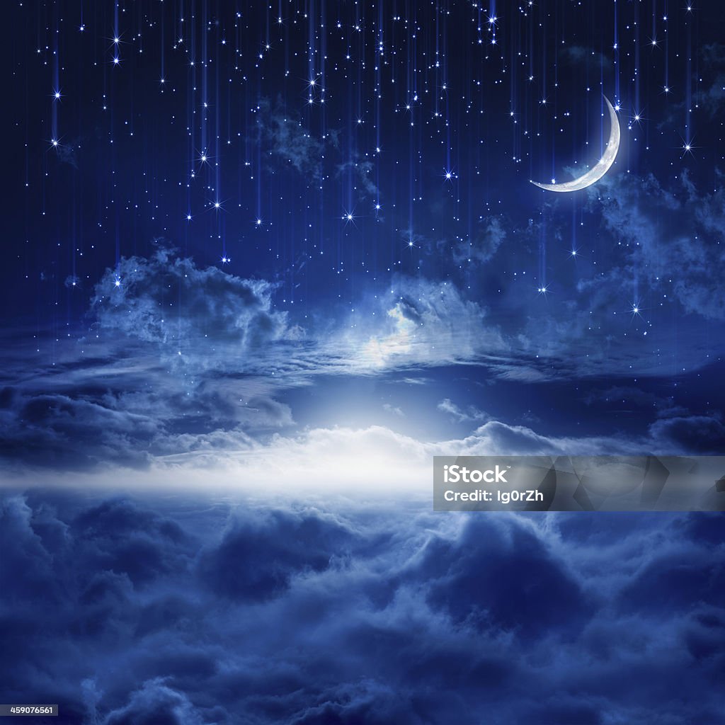 Beautiful night sky Peaceful background, blue night sky with moon, falling stars, beautiful clouds, glowing horizon. Elements of this image furnished by NASA Sky Stock Photo