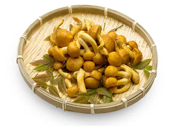 Pictured a group of nameko mushrooms in the bamboo basket.