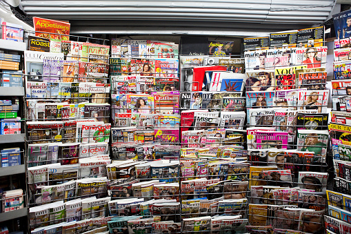 Athens, Greece - December 15, 2013 Stack of magazines for women on a newsstand at Athens Omonoia Square, Numero L'oficiell Marie claire Vogue Elle