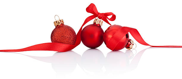 istock Three Red Christmas balls with ribbon bow Isolated on white 459086783