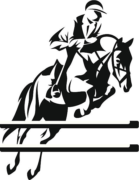 Vector illustration of jumping horse with rider show jumping horseman vector design - black and white equestrian sport emblem (high-resolution JPEG included) equestrian show jumping stock illustrations