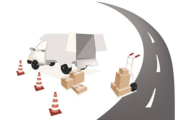 로딩의 배송 상자에 밴을 - moving office relocation box hand truck stock illustrations