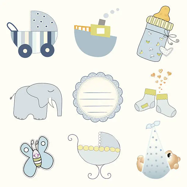 Vector illustration of baby boy items set in vector format