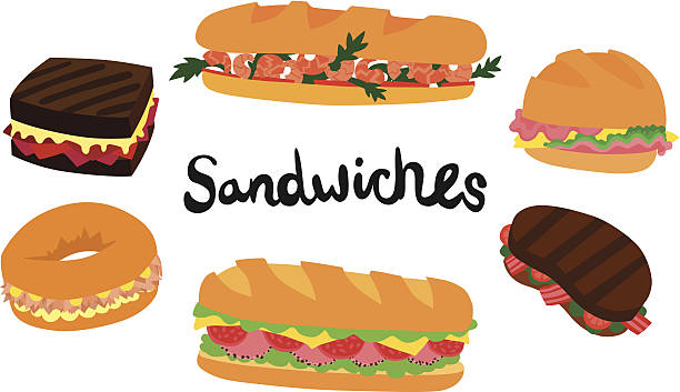 sechs sandwiches set - sandwich submarine sandwich ham bun stock-grafiken, -clipart, -cartoons und -symbole