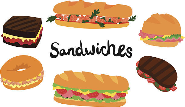 Six Sandwiches Set Great Sandwich Set with Selection of Six Different Sandwiches: Tuna and Sweetcorn Bagel, BLT, Ham and Cheese, Reuben, Po-boy Shrimp and Salami reuben sandwich stock illustrations