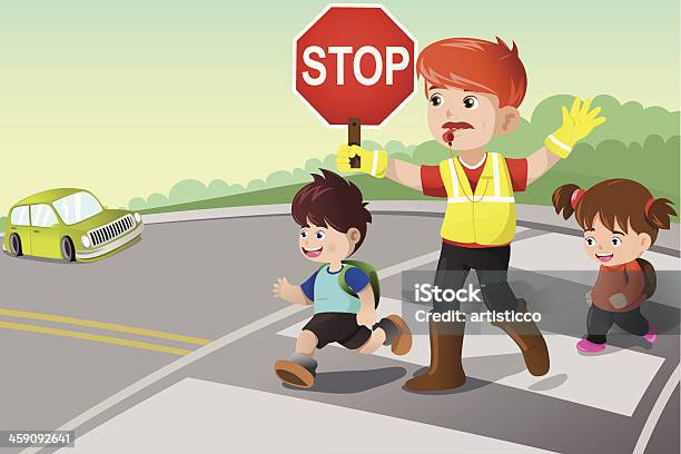 Flagger And Kids Crossing The Street Stock Illustration - Download Image Now - Child, Pedestrian, Walking