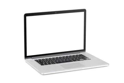 Rotated at a slight angle modern laptop with blank screen is isolated on white background. High quality.