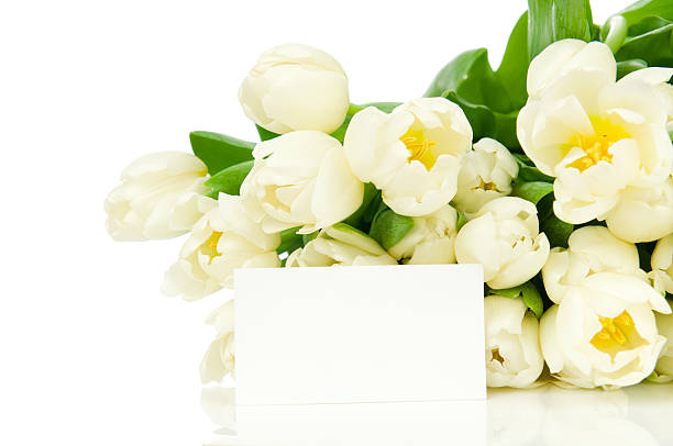 istock Bouquet of tulips with greeting card 459097723