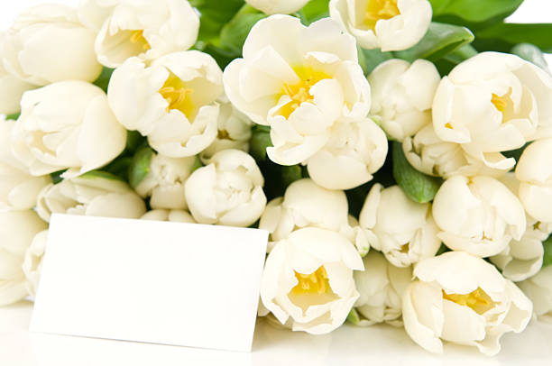 istock Bouquet of tulips with greeting card 459097747