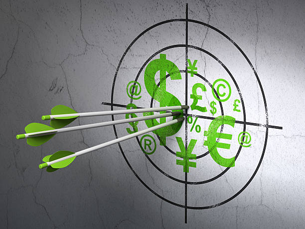 istock Business concept: arrows in Finance Symbol target on wall background 459108491