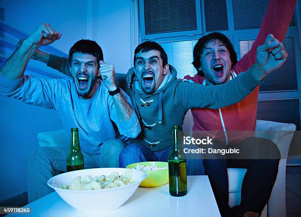 Friends Watching Sports On Tv Stock Photo - Download Image Now - Domestic Life, Spectator, Adult