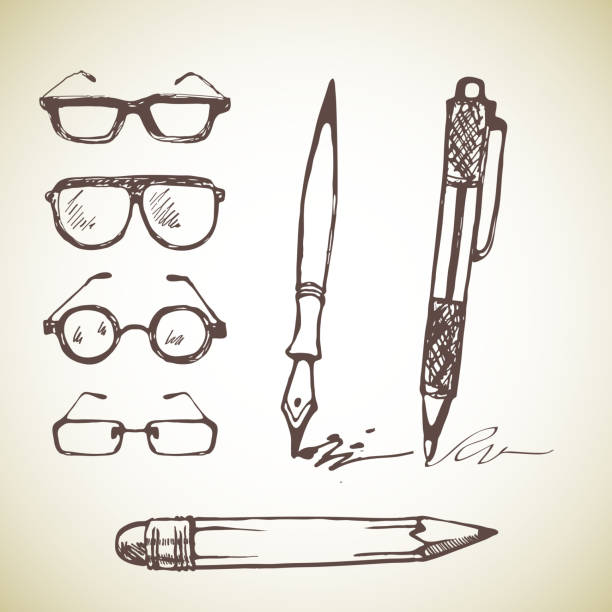 Vector set of hand drawn pens and glasses. Vector set of hand drawn pens and glasses. Isolated on white. how to draw a school building clip art stock illustrations