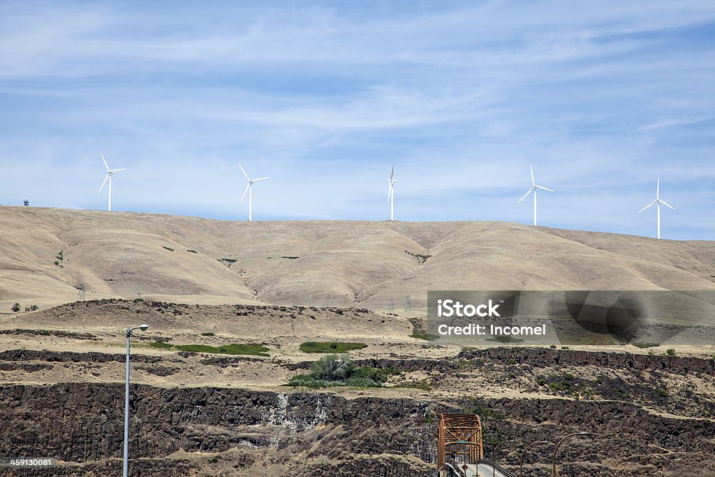 Wind Farm A large set of wind turbines overlooking a river Agricultural Field Stock Photo
