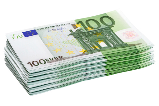 Maco image of a series of Euro banknotes.