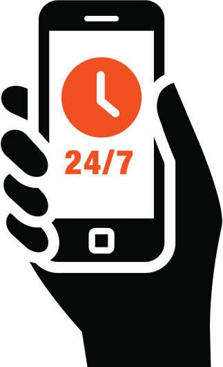 Mobile phone in hand with clock sign and 24/7 label