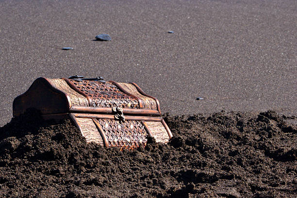 istock Closed brown chest in the sand 459131967