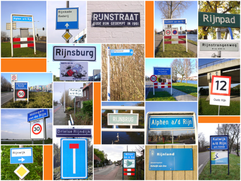 Collage of various signs of places named after the river Rhine in the Netherlands