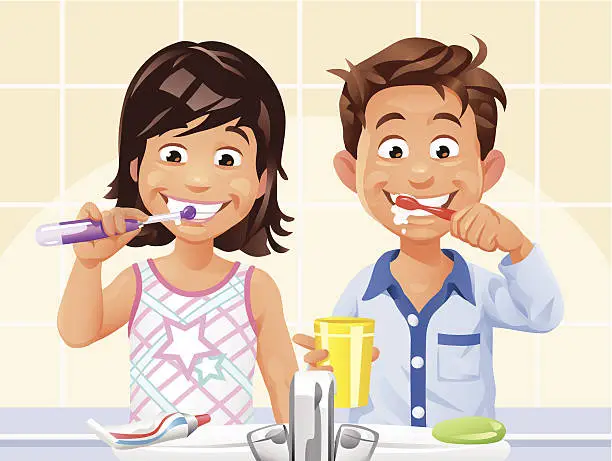 Vector illustration of Boy and Girl Brushing Teeth