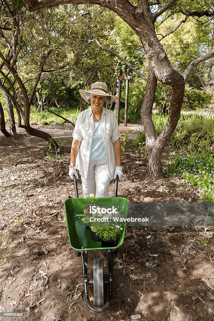 Mujer usando un sombrero de paja y agarrando la carretilla - Foto de stock de Carretilla libre de derechos