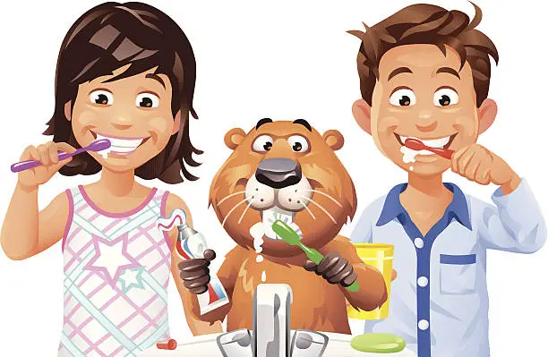 Vector illustration of Kids and Beaver Brushing Teeth