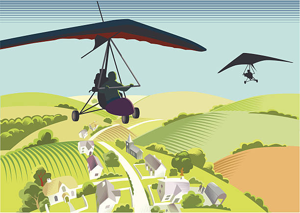 microlight aircraft micro light aircraft flying over countryside in traditional cross hatch style. EPS10 file, CS3, CS5 and freehand versions in the zip ultralight stock illustrations