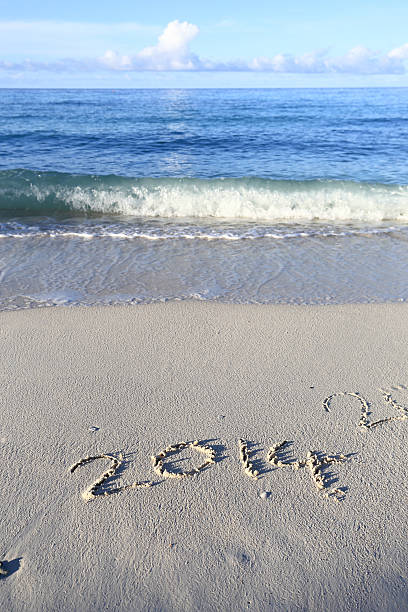 istock Year 2014 written in sand, on tropical beach 459151683