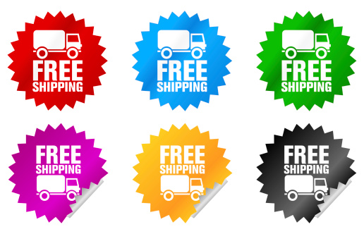 free shipping label or sticker of different colors, in english language