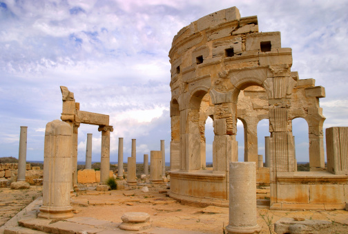 Leptis Magna Roman archaeological site, ruins of the ancient market place. Tripoli, Libya. UNESCO World Heritage site.
