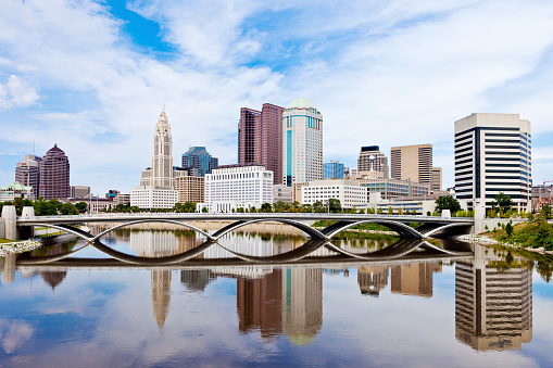 Downtown Columbus, Ohio On A Sunny Summer Day With Reflection In The River.