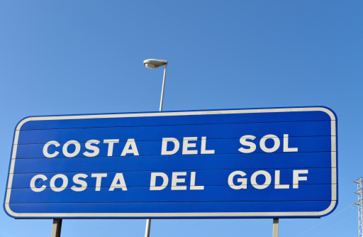 A roadside sign in the Costa del sol Spain. The Costa del sol is also known as the Costa del golf the golfing capital of the world.