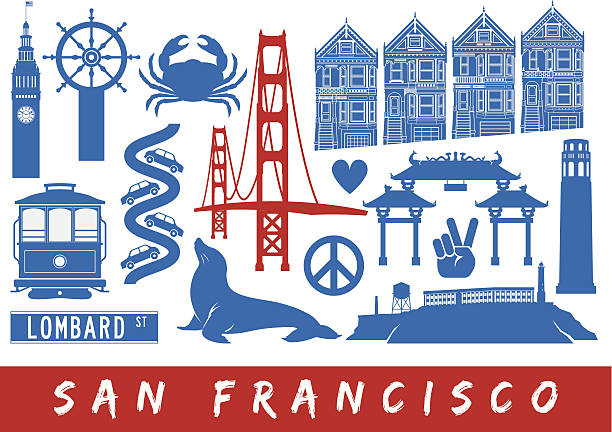 illustrations, cliparts, dessins animés et icônes de icônes de san francisco - golden gate bridge illustrations